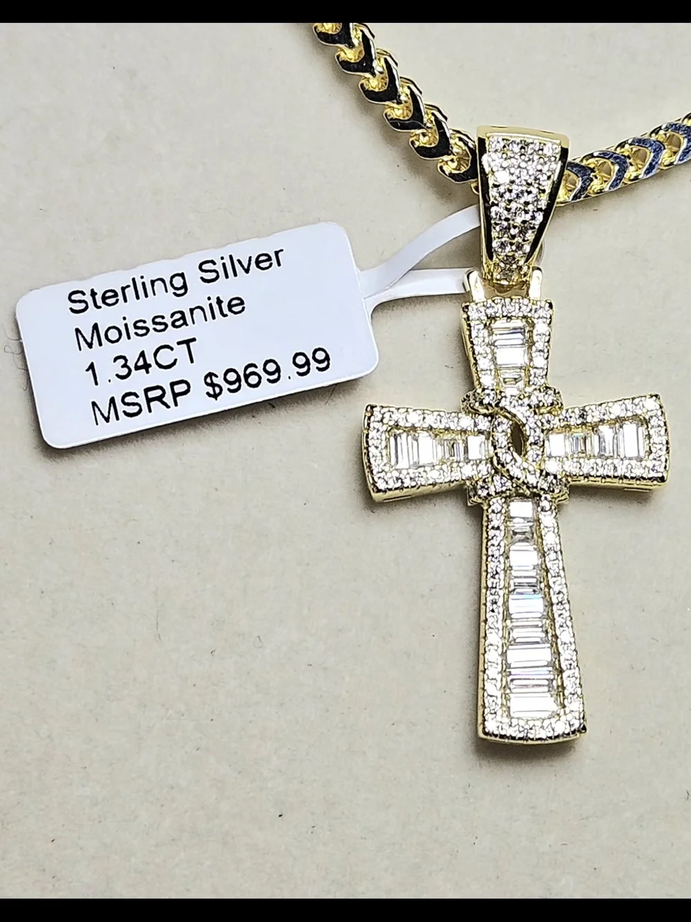 Sterling Silver 14k Gold Over Moissanite Cross Pendant And 18in Franco Chain